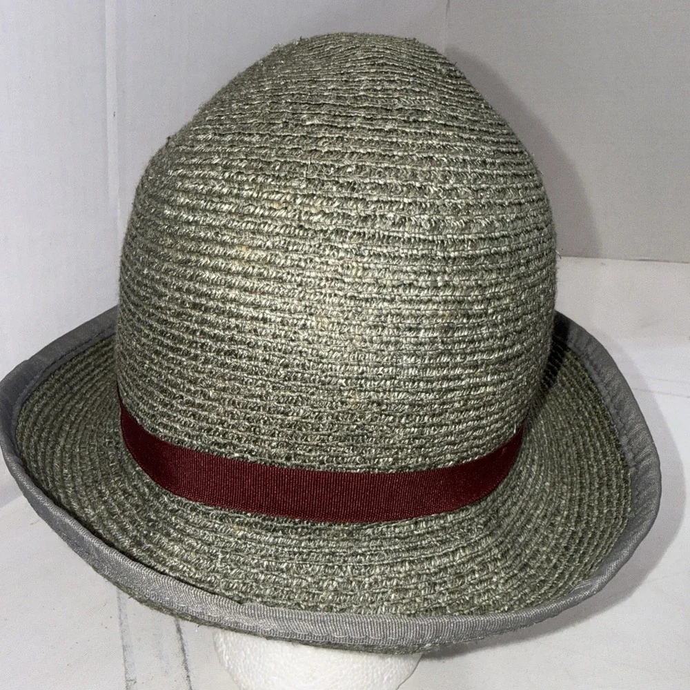 Goorin Bros Paper Woven Straw Fedora Hat Olive Green Burgundy Band Adult Small